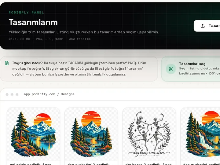 Podinfly'da yüklenen ve üretilen tasarımların listelendiği tasarım kütüphanesi