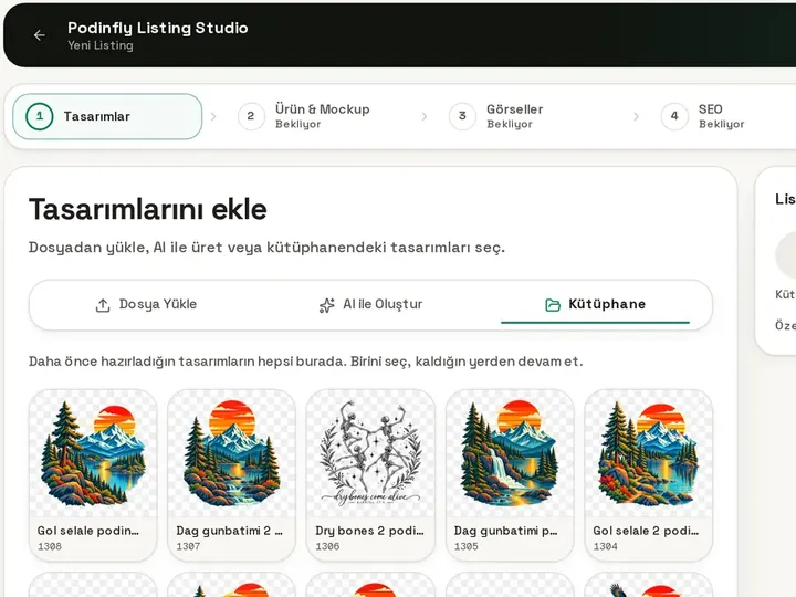 Podinfly Listing Studio: tasarım seçimiyle başlayan beş adımlı listing oluşturma ekranı