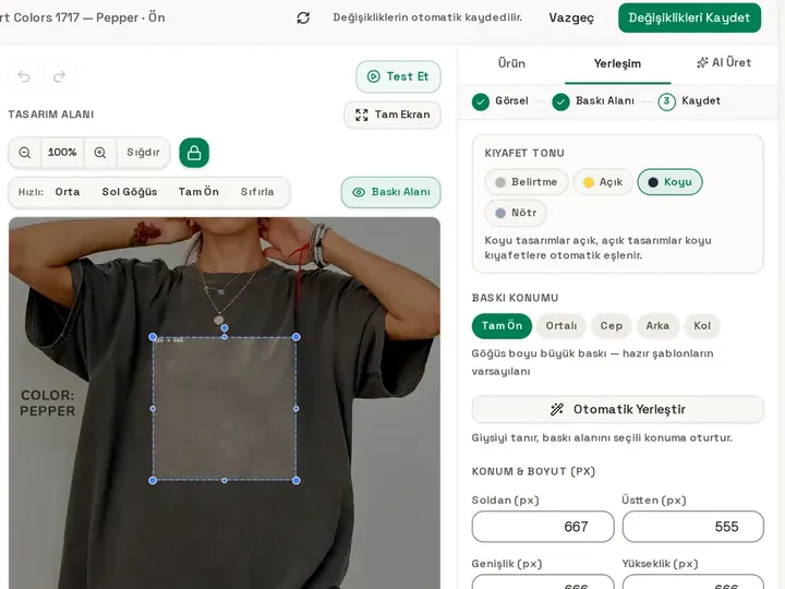 Podinfly Mockup Studio: tişört şablonu üzerinde baskı alanı ve yerleşim ayarları