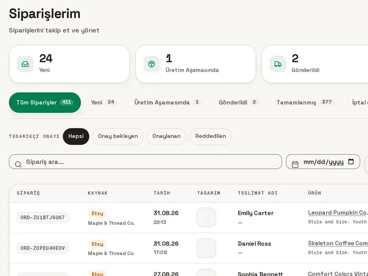 Podinfly sipariş paneli: yeni, üretimde, kargoda ve tamamlanan siparişler