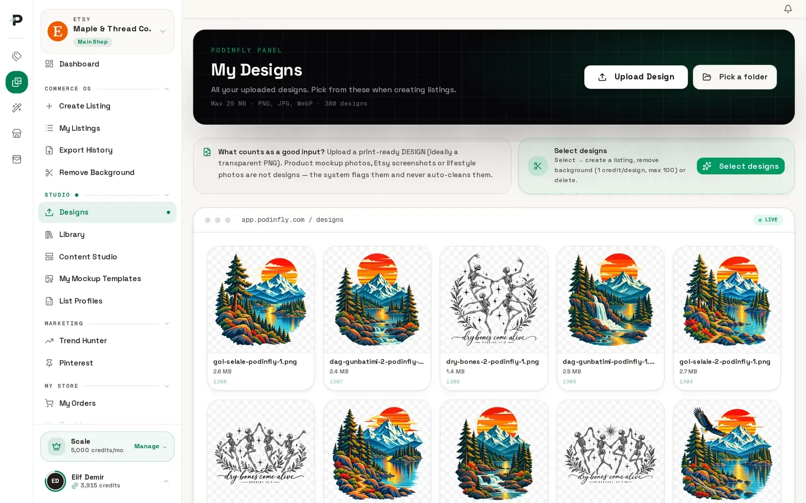 The Podinfly design library listing uploaded and generated artwork