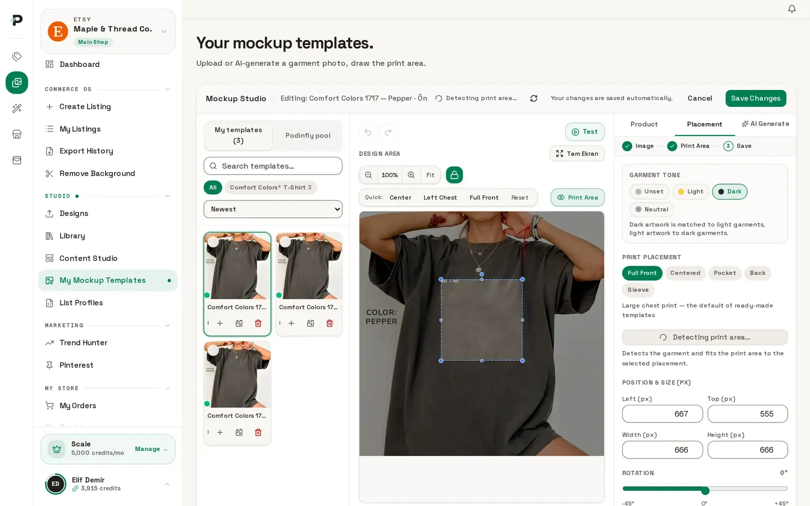 Podinfly Mockup Studio: print area and placement settings on a T-shirt template