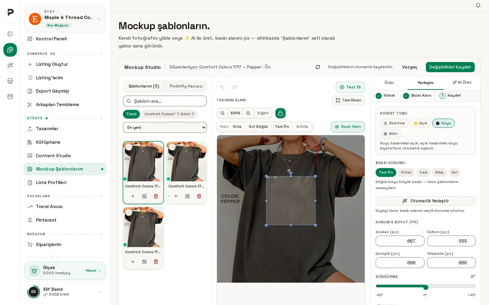 Podinfly Mockup Studio: tişört şablonu üzerinde baskı alanı ve yerleşim ayarları