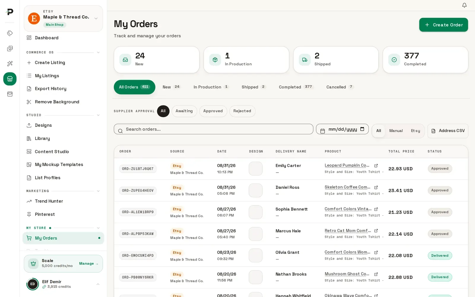 Podinfly orders panel: new, in production, shipped and completed orders