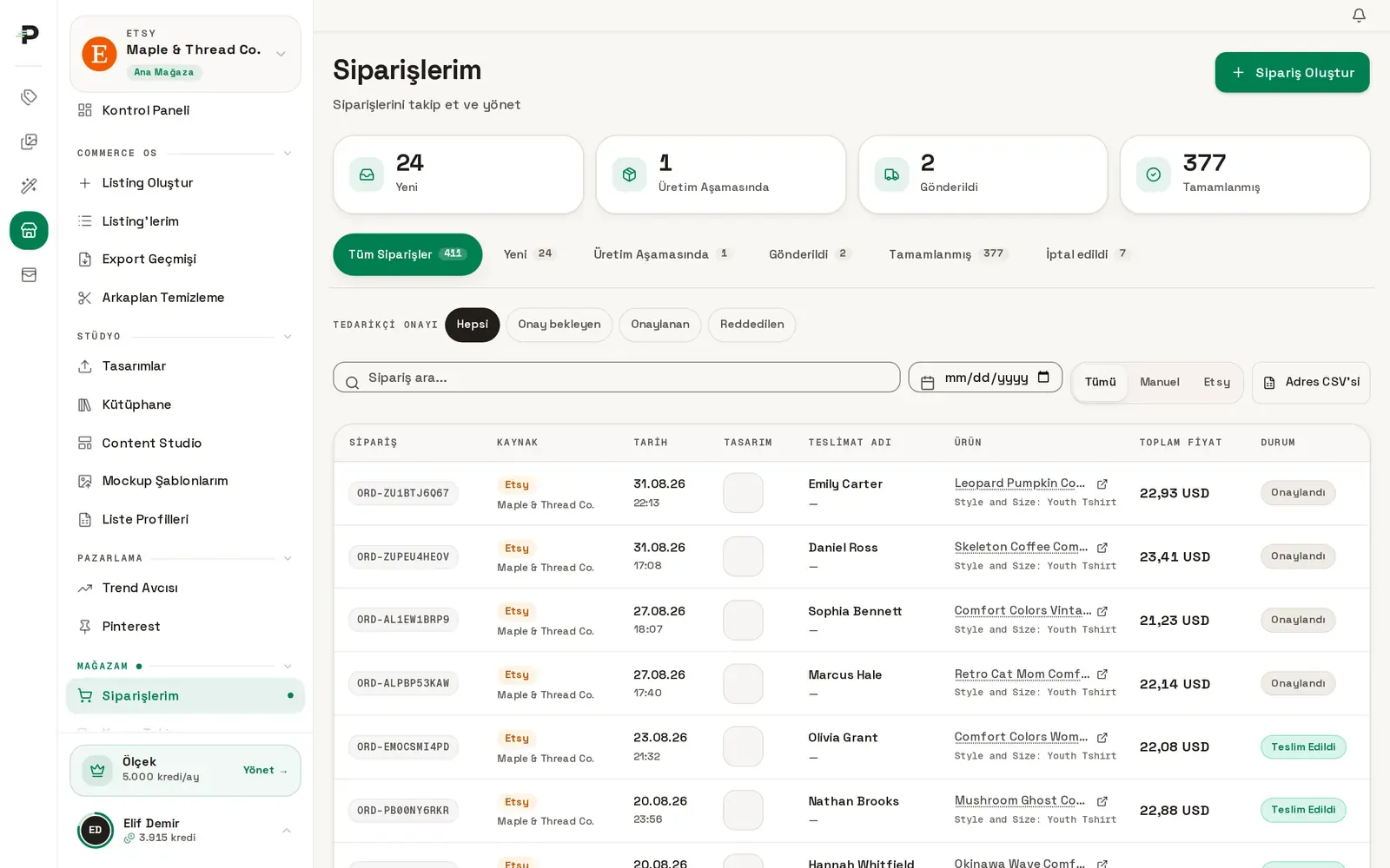 Podinfly sipariş paneli: yeni, üretimde, kargoda ve tamamlanan siparişler