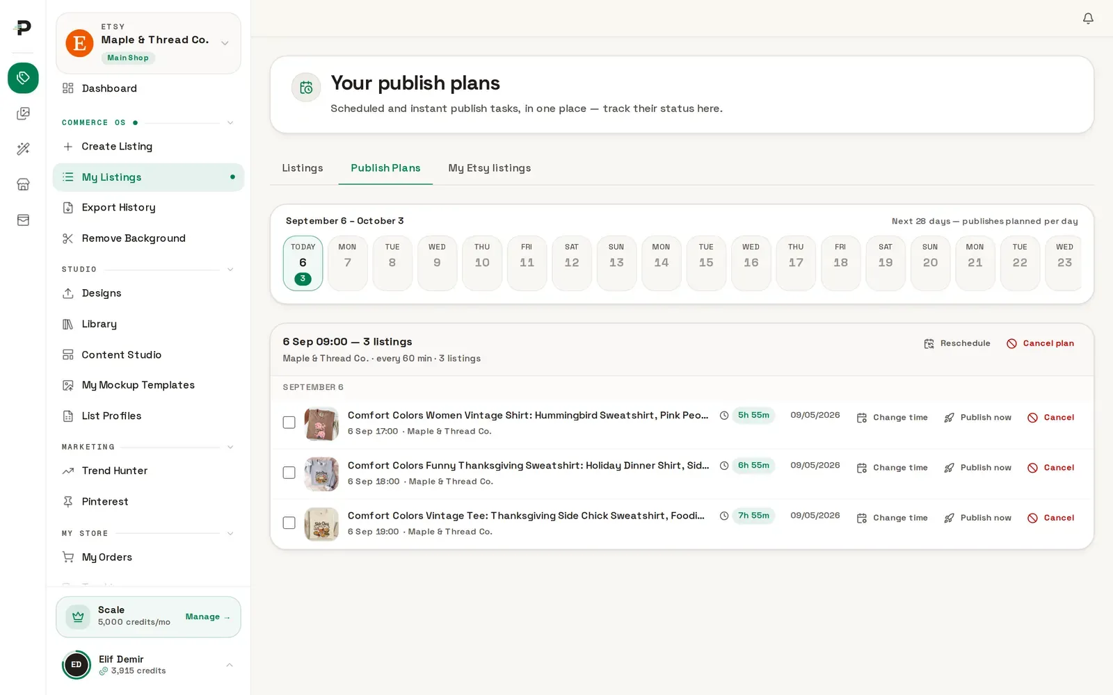 Podinfly publishing plans: listings spread across days with scheduled times