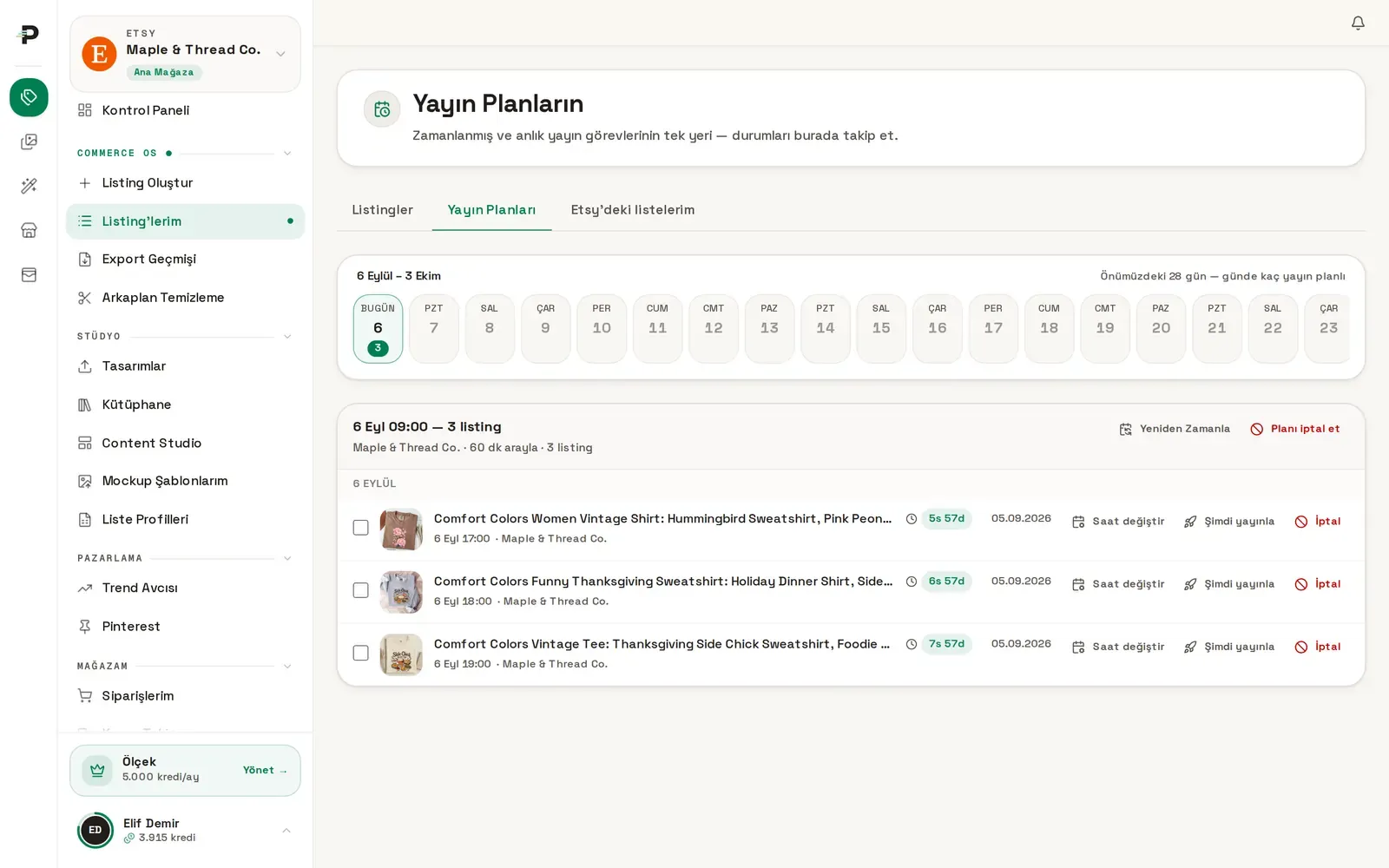 Podinfly yayın planları: günlere yayılmış listing yayınları ve saat ayarları