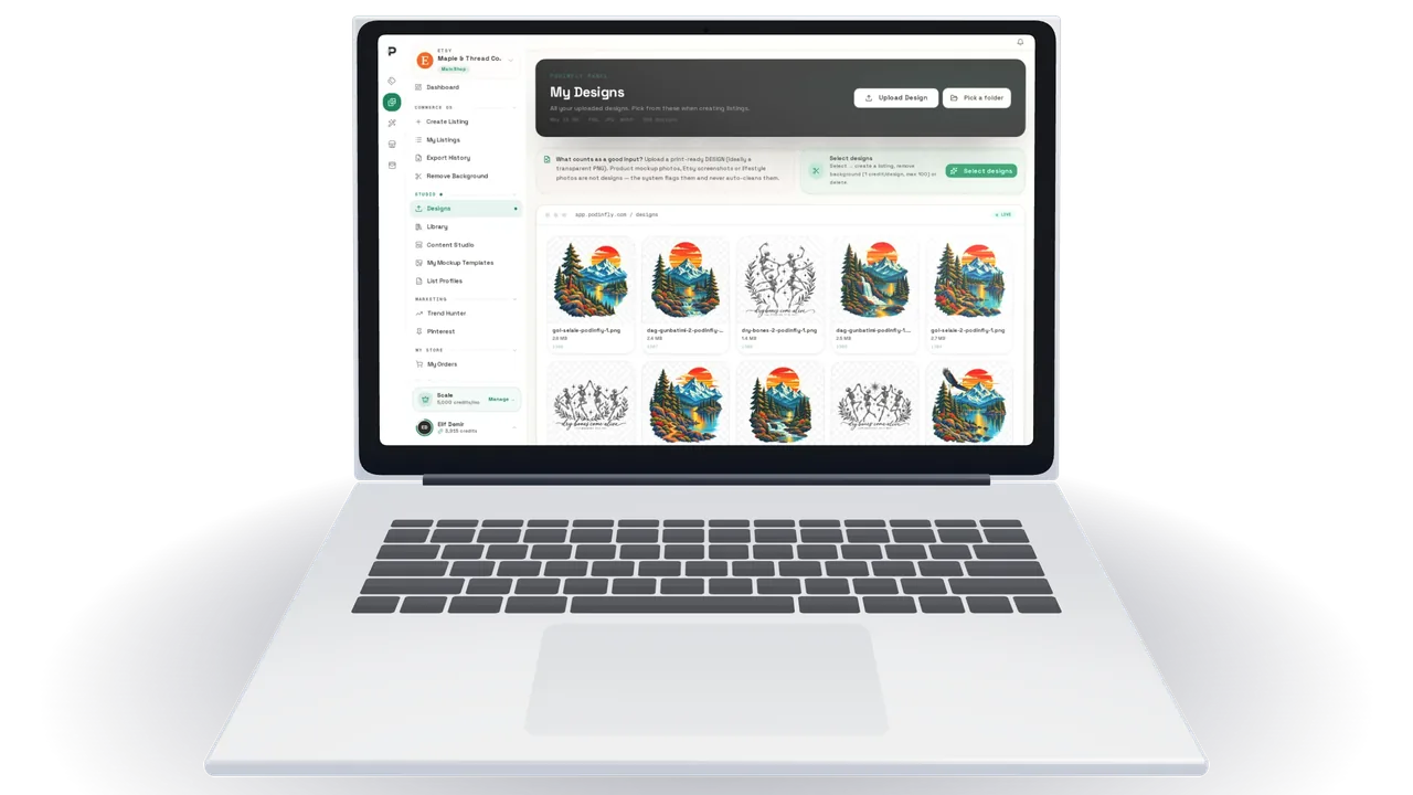 Real screens from the Podinfly panel: designs, mockup studio, listing, publishing plan and orders