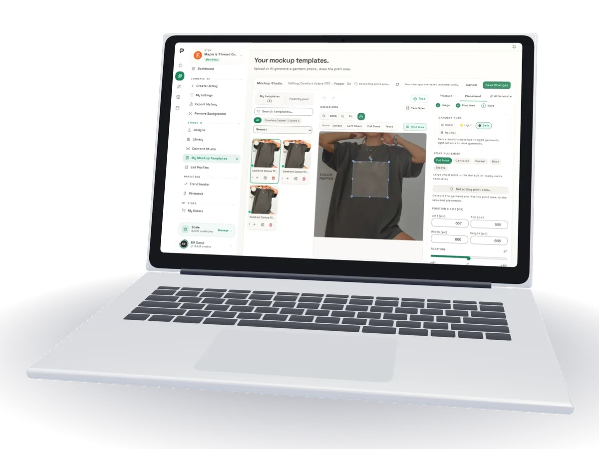 Podinfly Mockup Studio: print area and placement settings on a T-shirt template