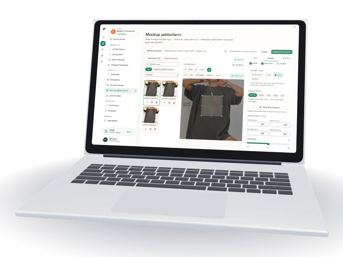 Podinfly Mockup Studio: tişört şablonu üzerinde baskı alanı ve yerleşim ayarları