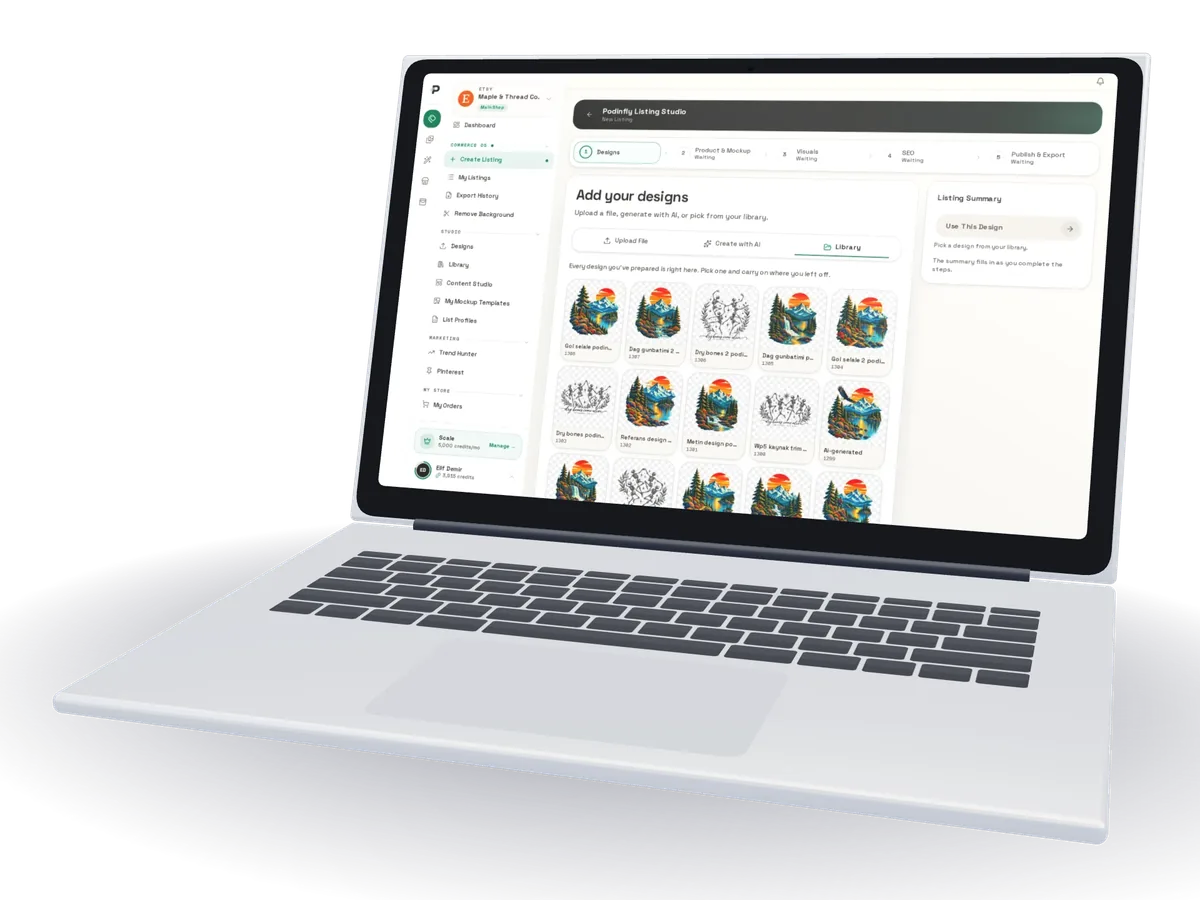 Podinfly Listing Studio: a five-step listing builder that starts with picking a design