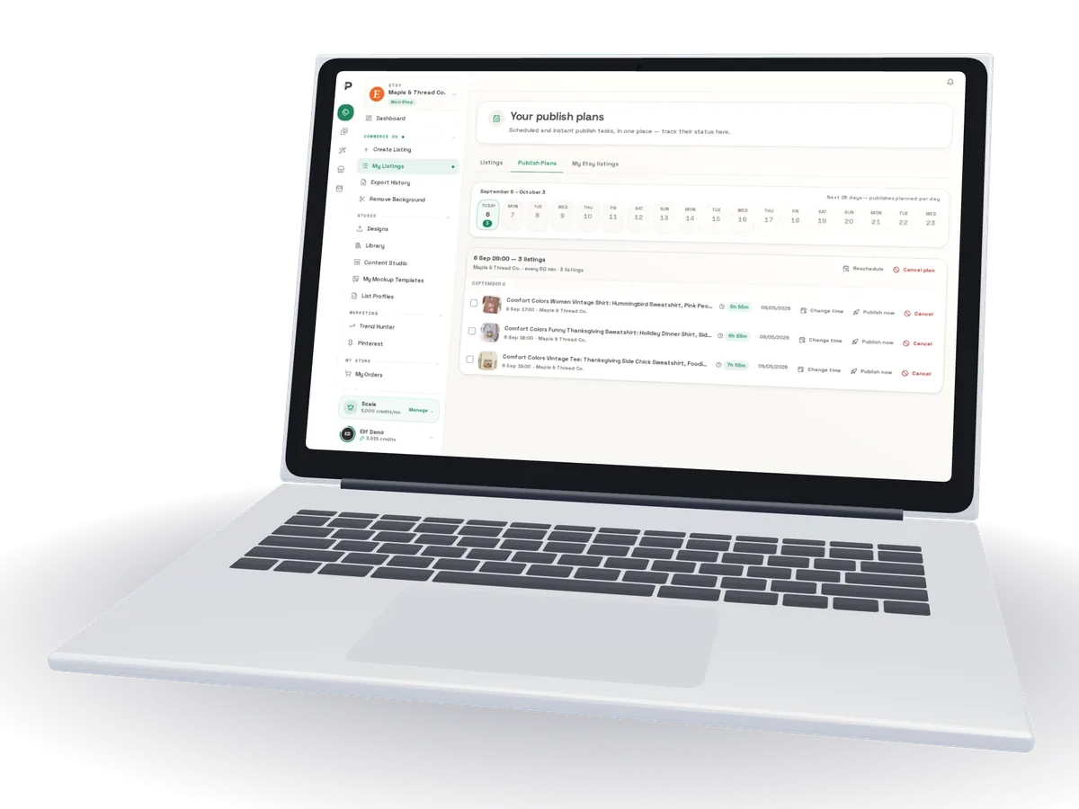 Podinfly publishing plans: listings spread across days with scheduled times